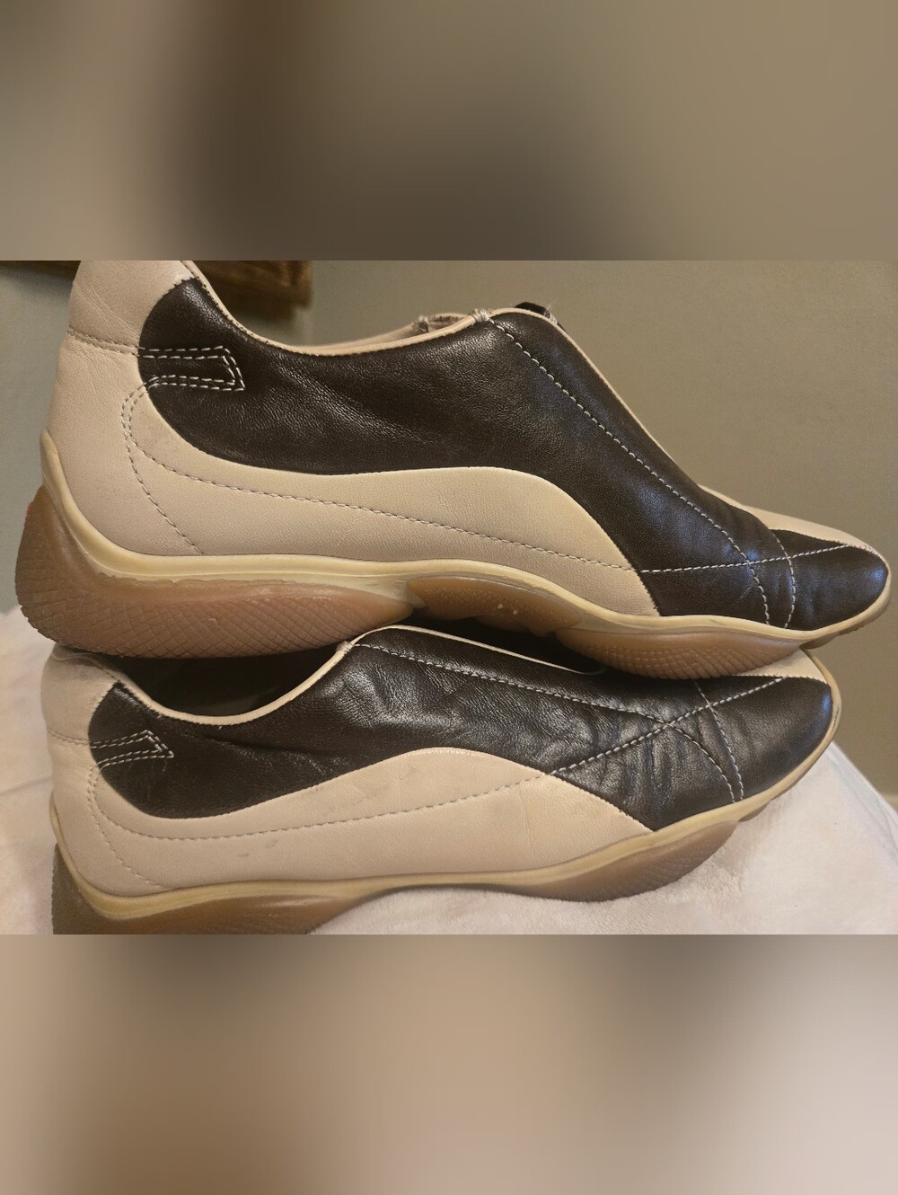 Prada Women's Italian Vintage Buttery Soft Dark Brown and Cream Slip-On Loafers